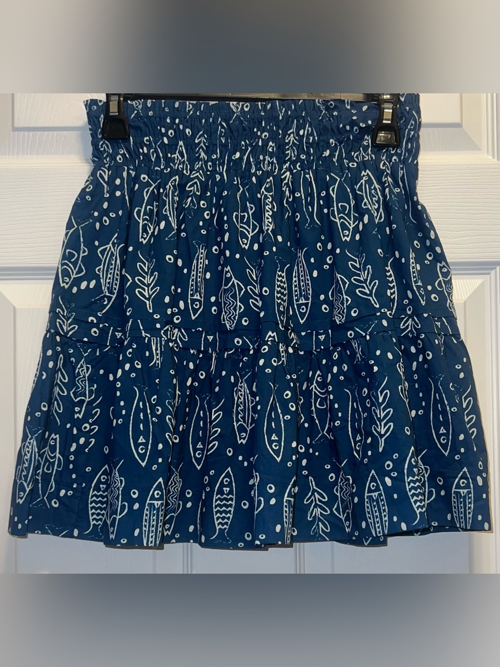 Navy Blue Tiered Mini Skirt with White Fish Print